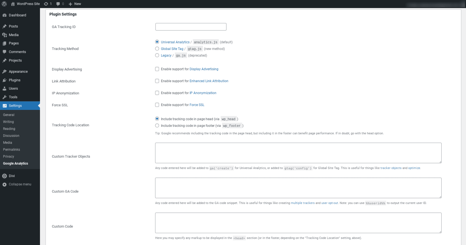 The GA plugin settings.