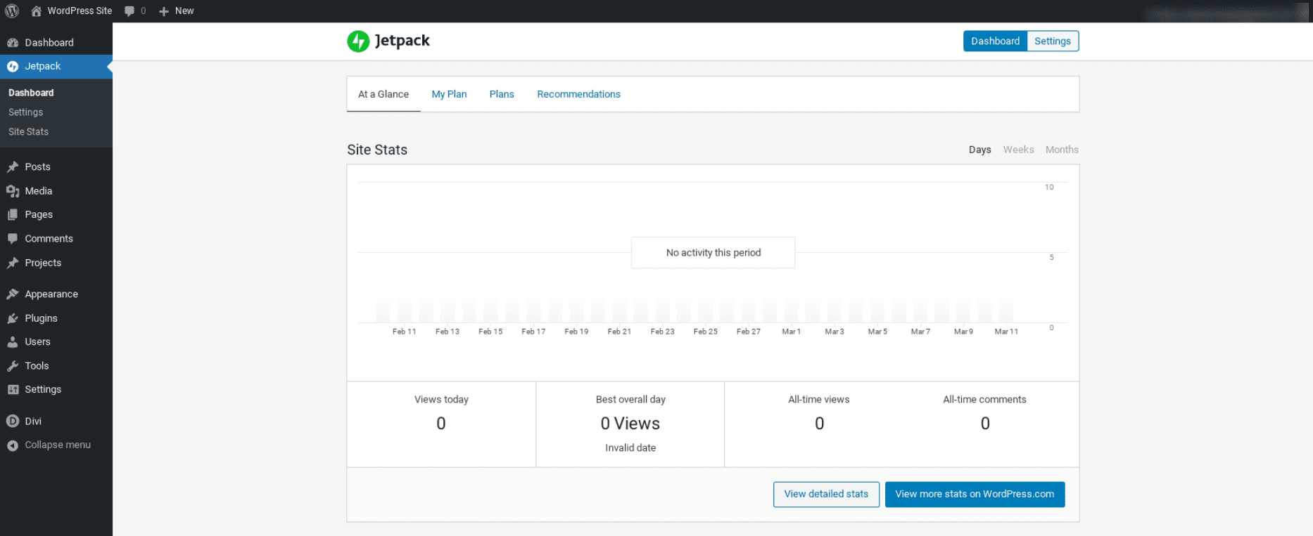 The stats dashboard of the Jetpack plugin.
