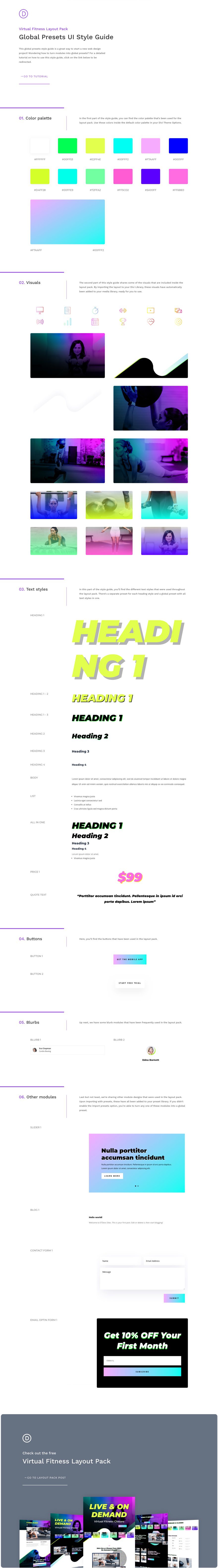 global presets style guide for divi's virtual fitness layout pack