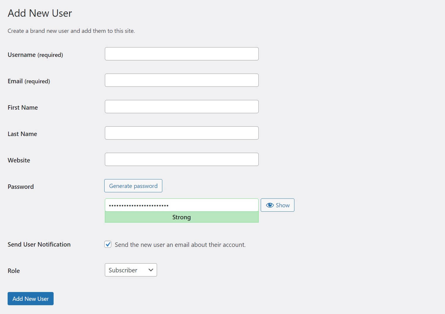 The Add New User form in WordPress.