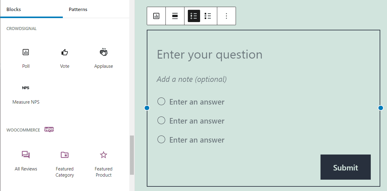 Adding a poll question using the Crowdsignal plugin.