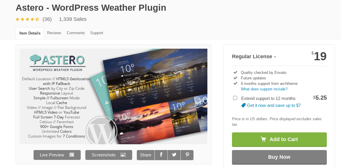 The Astero WordPress weather widget.