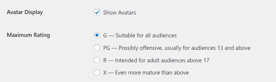 The avatar display settings in WordPress.