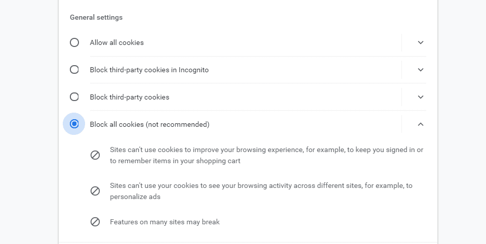 Paramètres pour bloquer les cookies dans Chrome.