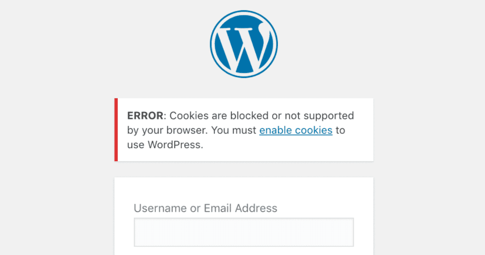 A WordPress login page cookie error.