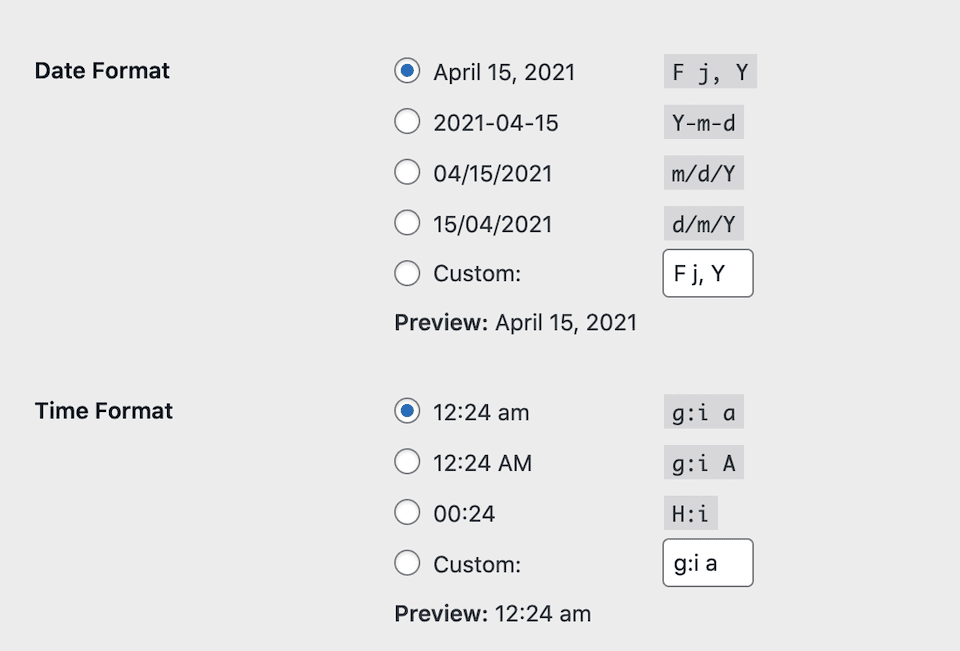 The WordPress date and time format settings.