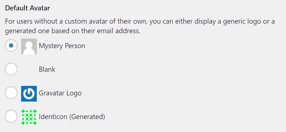 The default avatar options in WordPress.