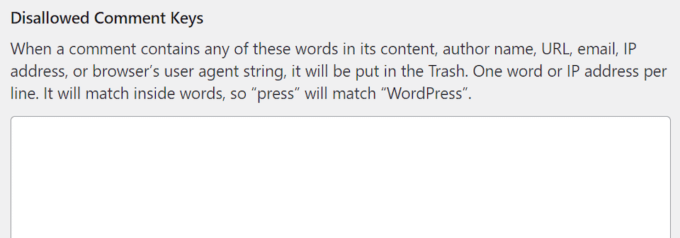 The disallow comment keys settings in WordPress.