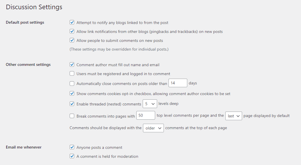 The WordPress discussion settings.