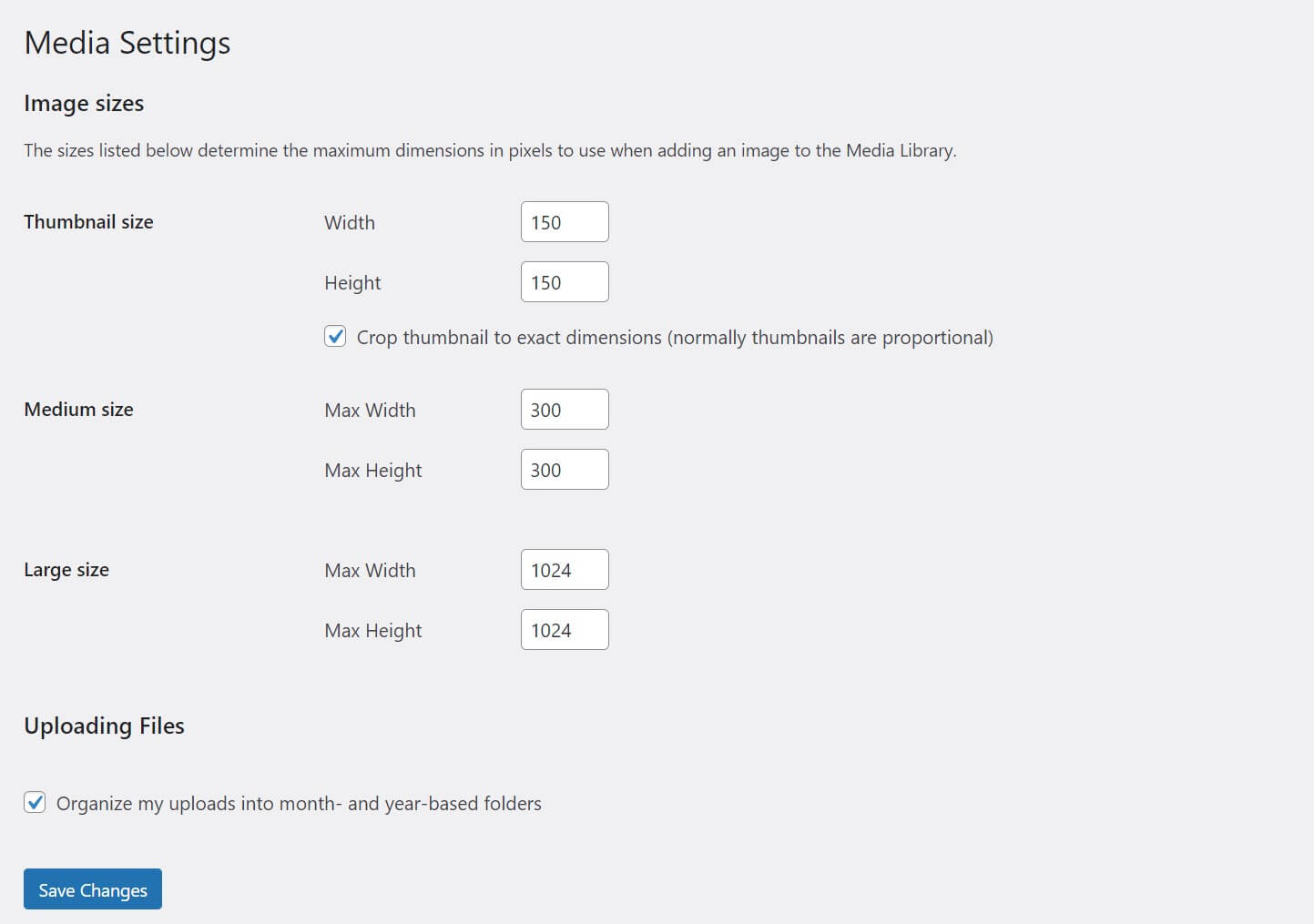 The WordPress Media Settings page.