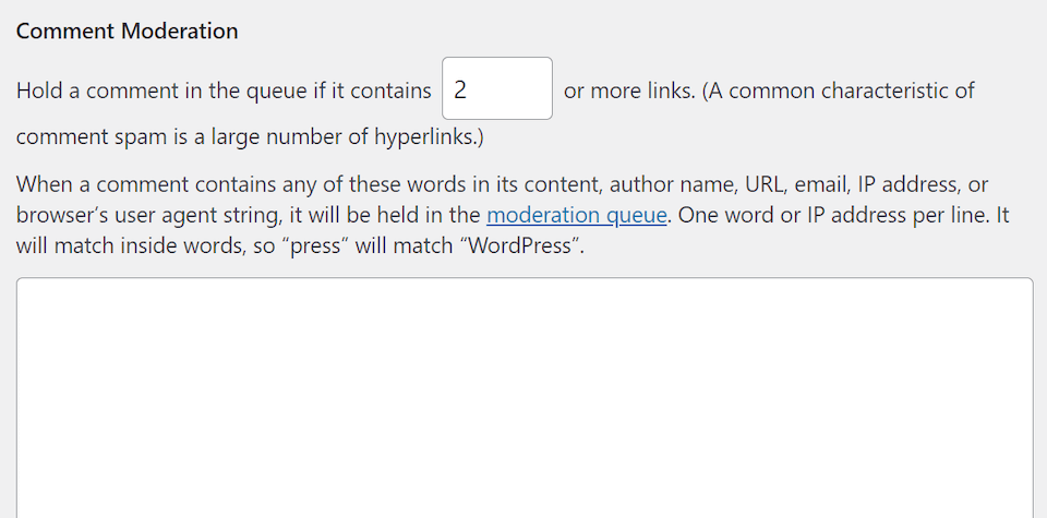 The WordPress comment moderation settings.