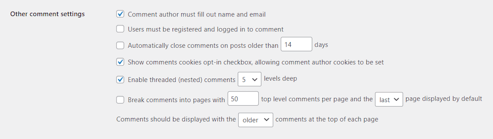 Other comments settings in WordPress.