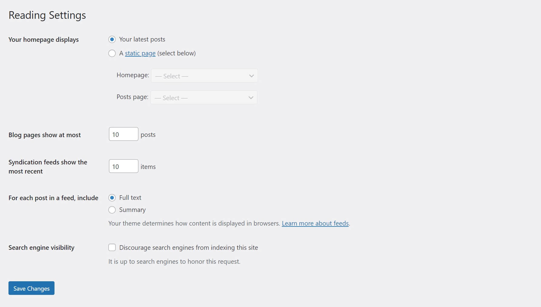 The WordPress Reading Settings.