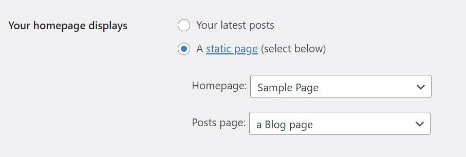 The home page settings inside the WordPress Reading Settings page.