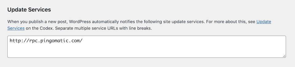 The update services settings in WordPress.