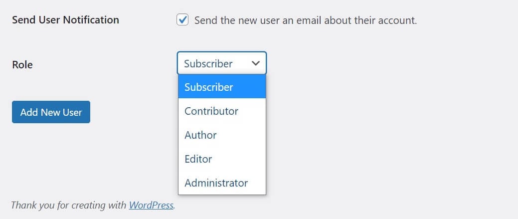 The new user role selection box in WordPress.