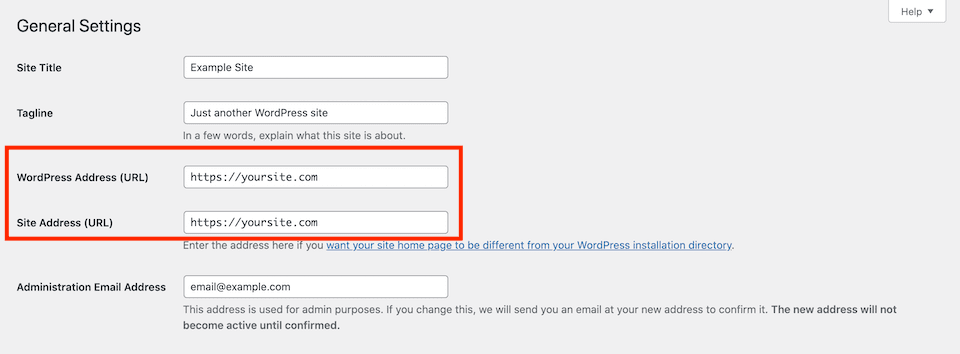 The WordPress Address and Site Address settings.