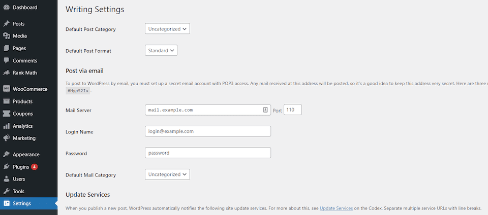 The WordPress writing settings.