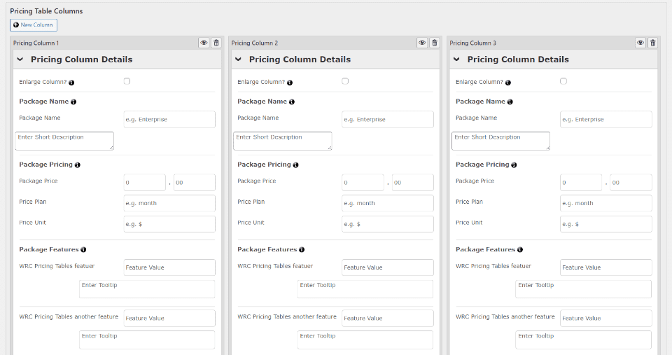 WRC Pricing Tables