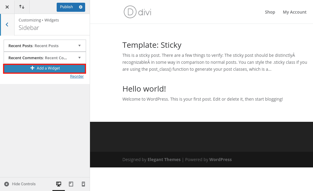The "Add a Widget" button in the WordPress Theme Customizer.