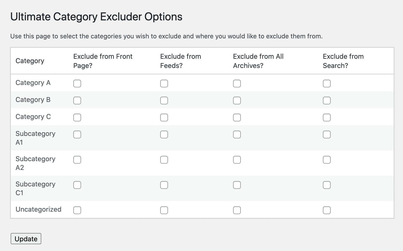 The Ultimate Category Excluder settings.