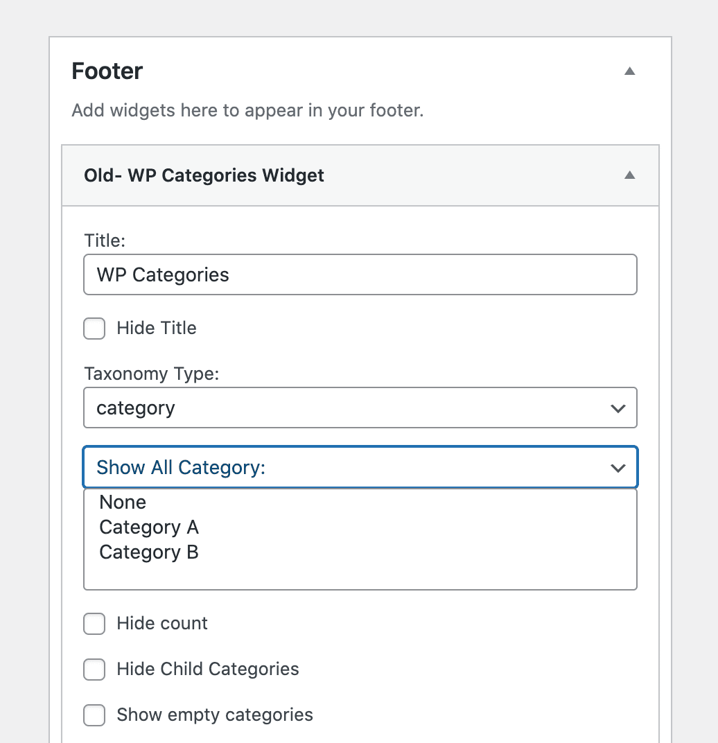 The WP Categories widget.