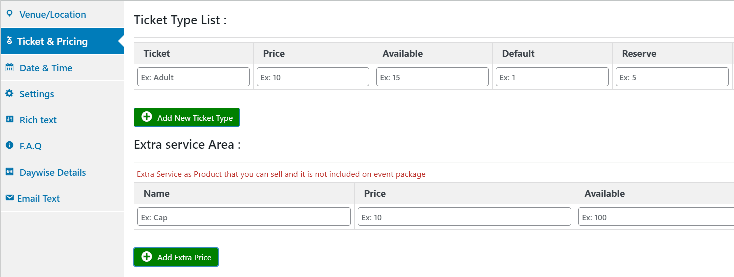 Configuring event tickets for sale