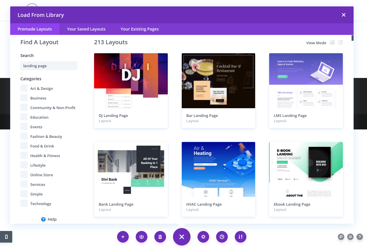 The selection of Divi Builder premade layouts for landing pages.