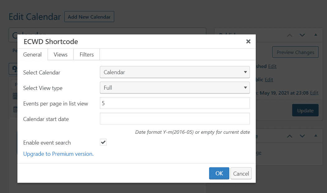 Editing your calendar's shortcode