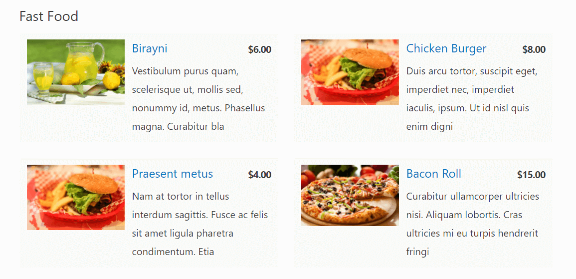 The Food Menu plugin in action