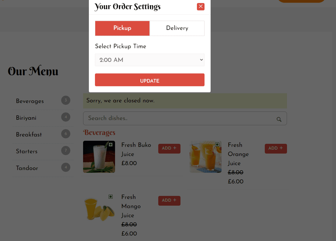 A restaurant menu created using the Food Store plugin