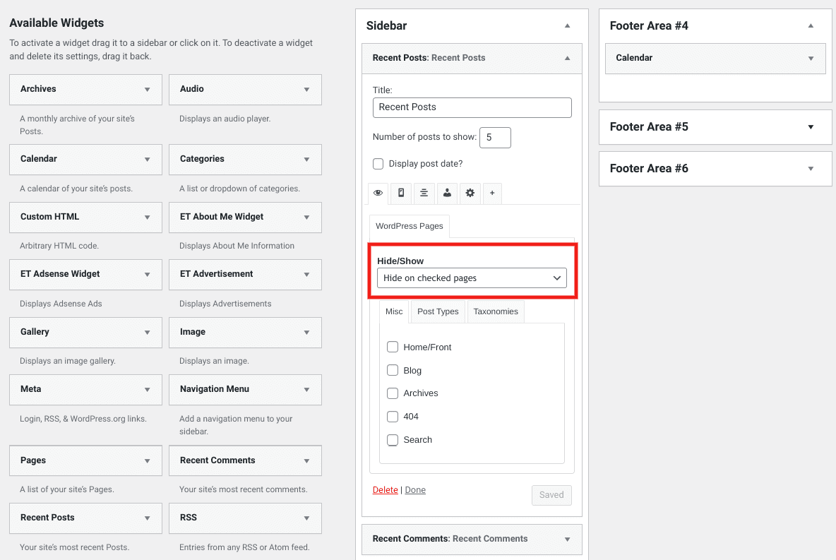 The option to hide widgets from WordPress pages using the Widgets Options plugin.