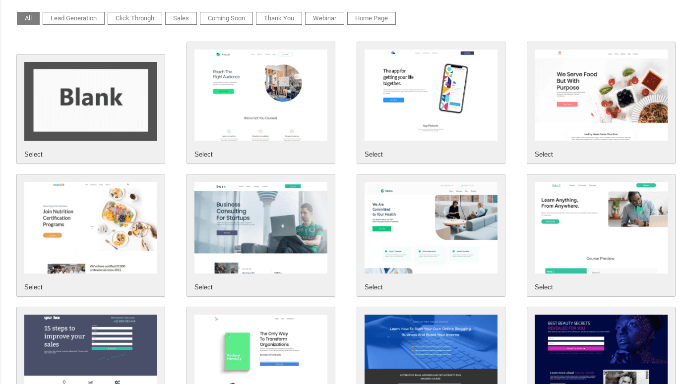 The template selection of the Landing Page Builder plugin.