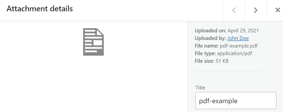 A PDF's attachment details window in WordPress