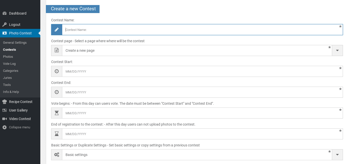 The Photo Contest WordPress Plugin interface.