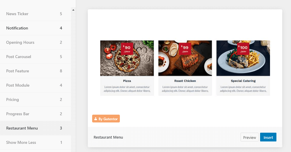 A restaurant menu block template