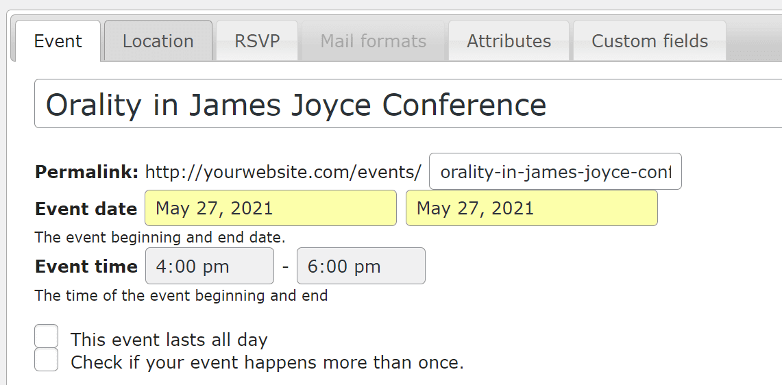 Adding a new event using Events Made Easy