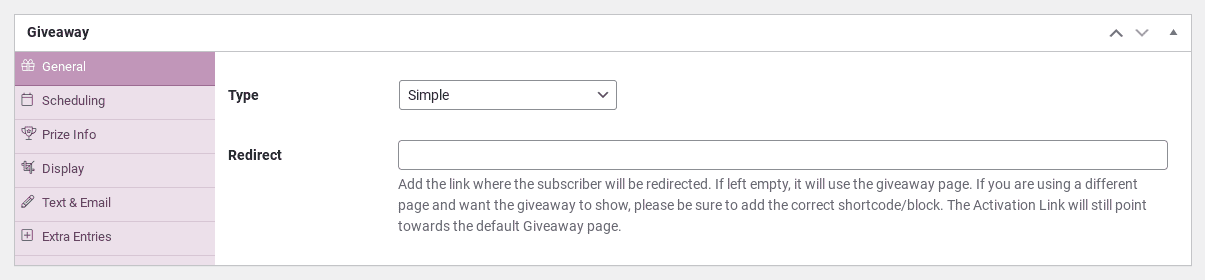 The Simple Giveaways plugin interface.