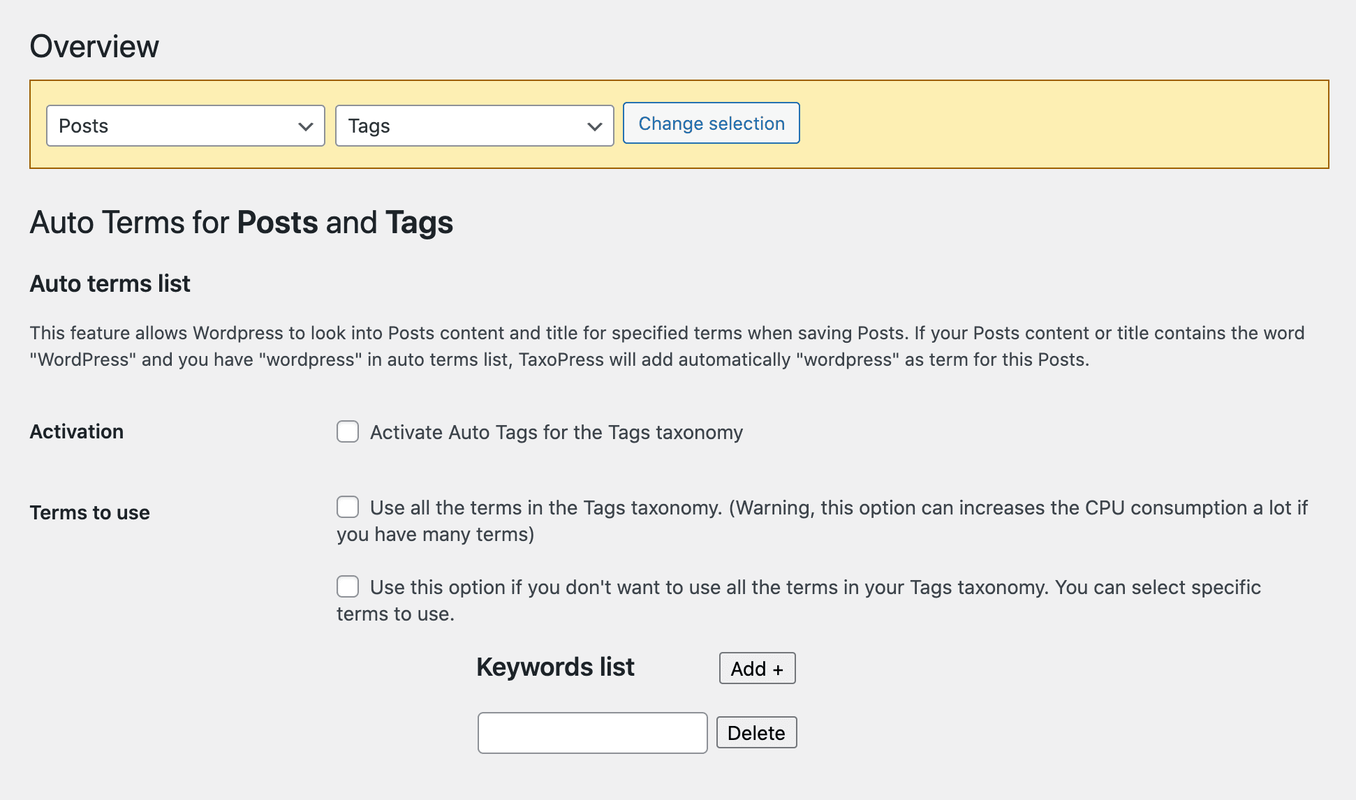 TaxoPress' auto terms feature.