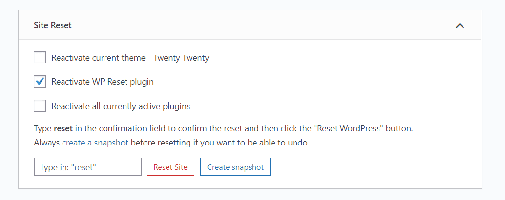 باستخدام WP Reset plugin