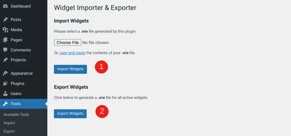 The Widget Importer & Exporter settings screen.