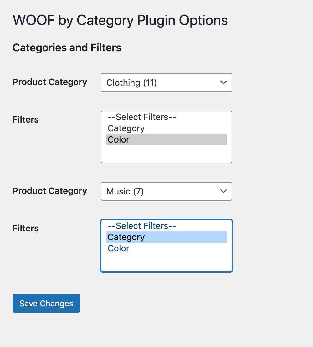 Specifying which product filters should be available for different categories.