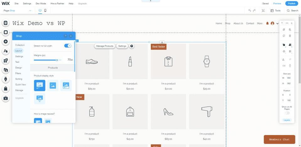 wordpress vs wix shop page