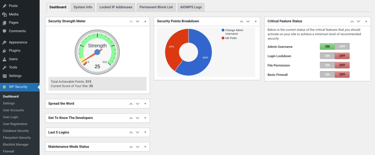 The All In One WP Security plugin dashboard.