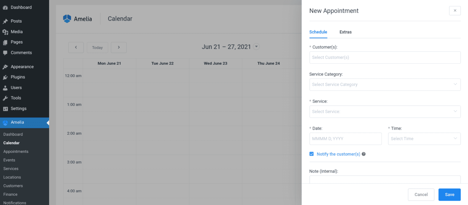 The back-end calendar view of the Amelia WordPress booking plugin. 