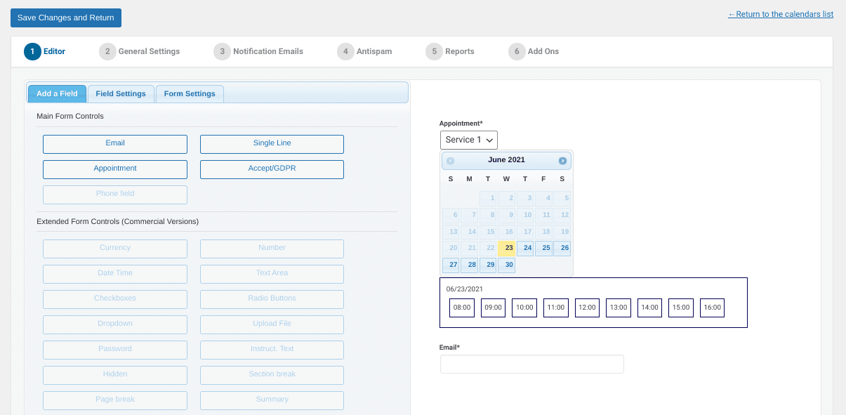 The interface of the Appointment Hour Booking plugin.