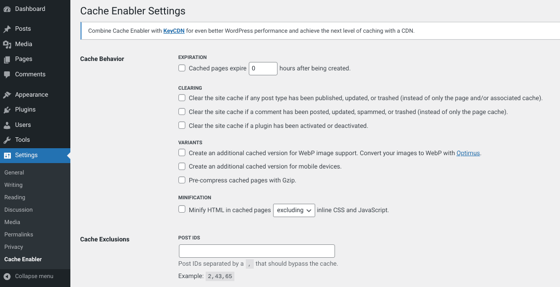 The Cache Enabler plugin settings.