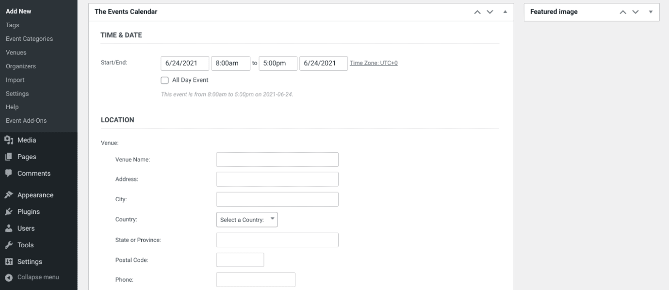 The Events Calendar plugin interface.
