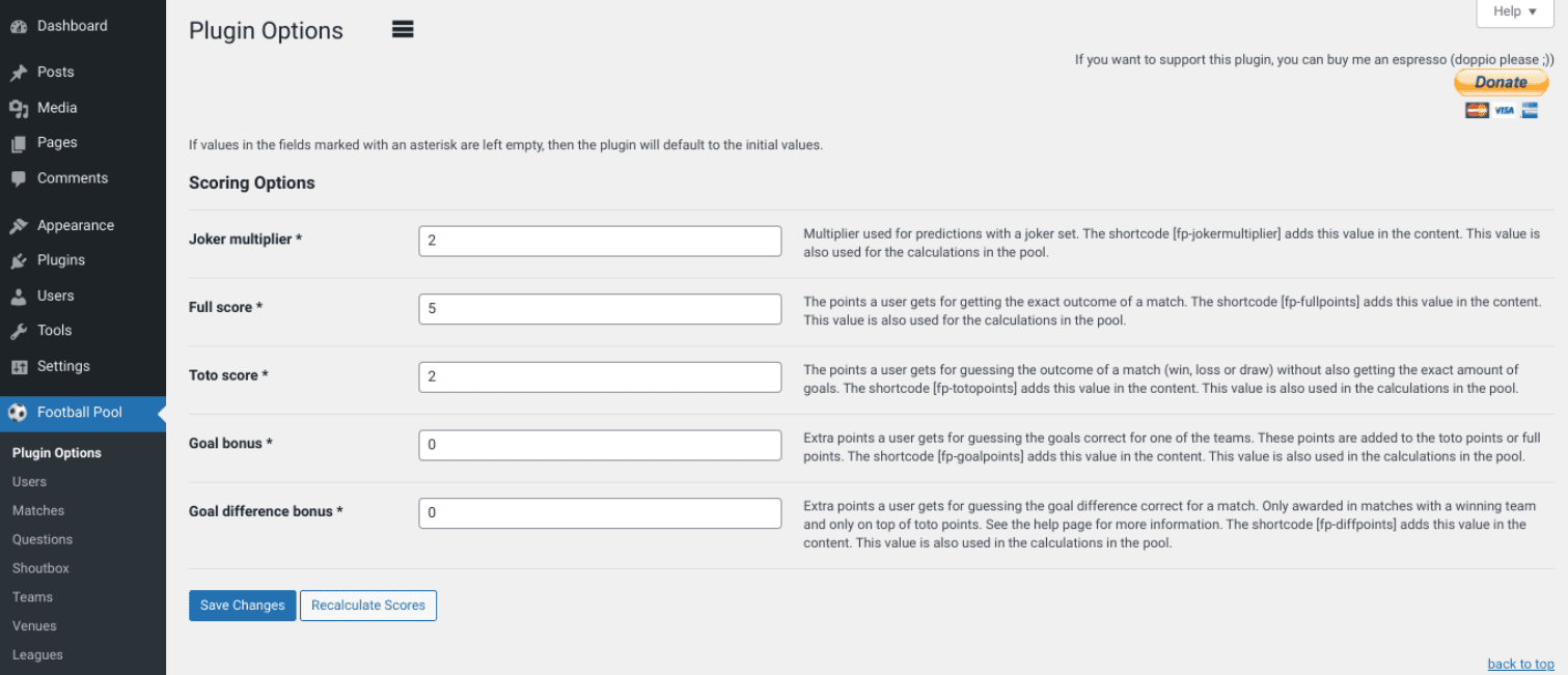 The Football Pool plugin settings.