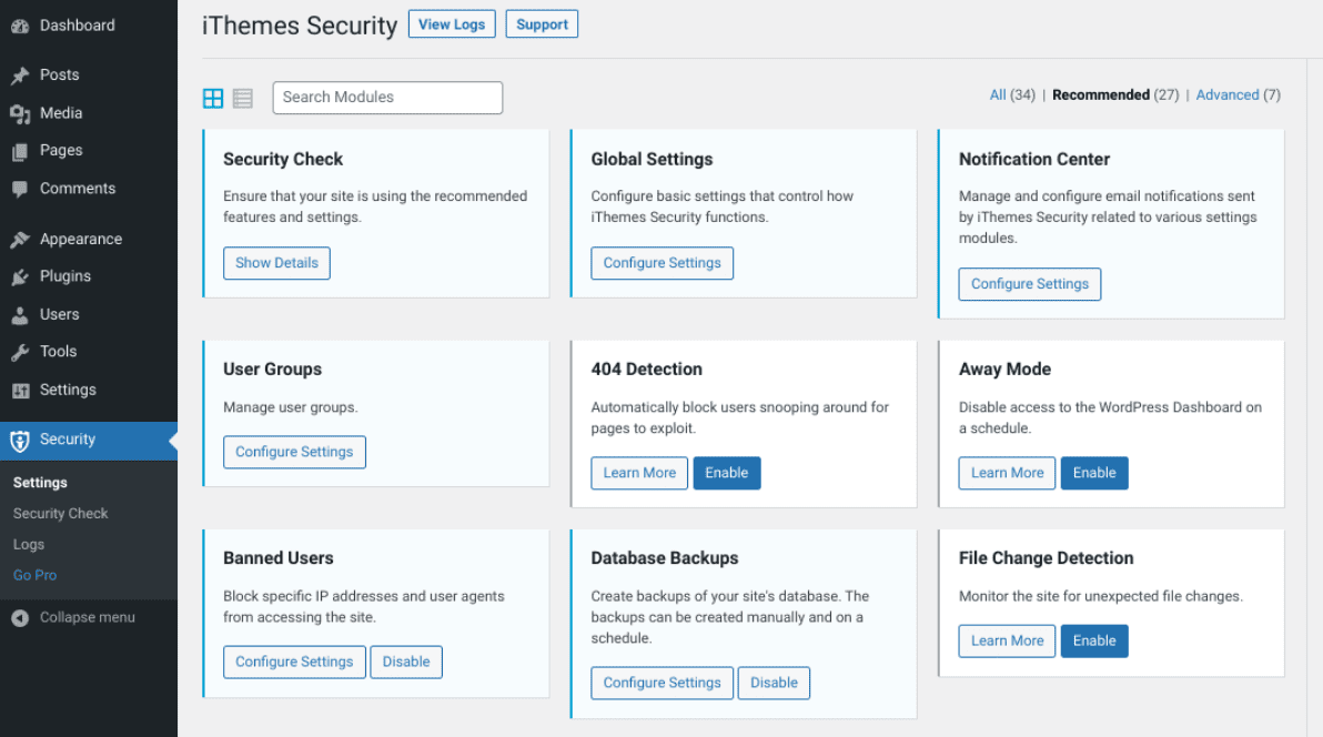 The iThemes Security plugin settings.